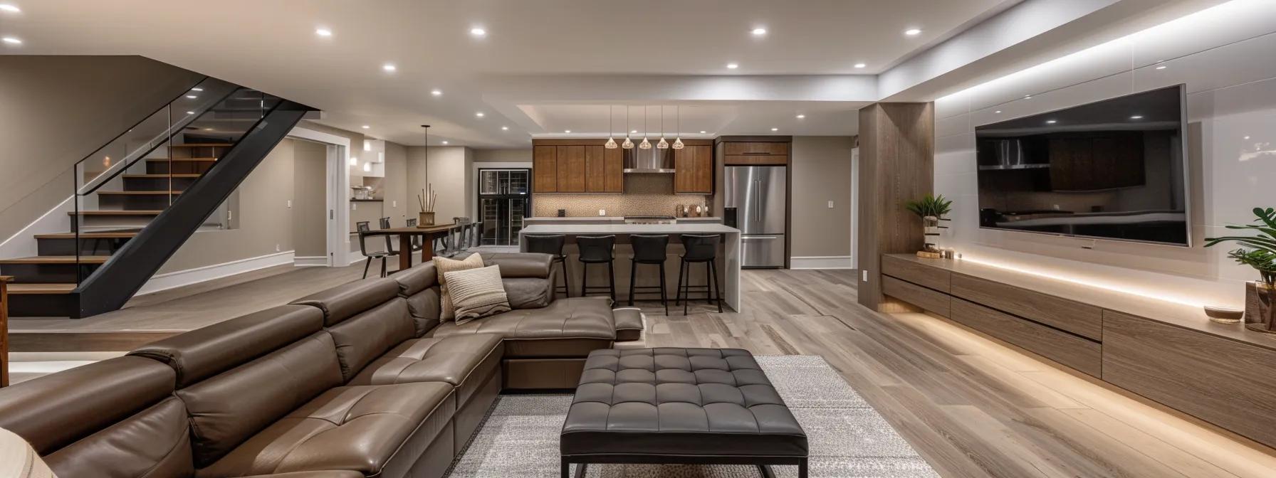a polished, modern basement interior showcases the craftsmanship of local finishing experts, featuring elegant lighting, sleek furnishings, and a cozy entertainment area, all set within a stylish urban home.