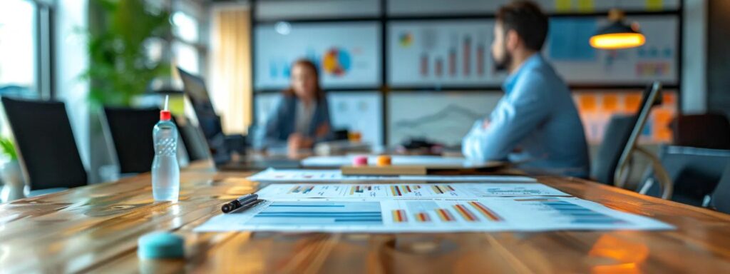 a polished office setting displays a detailed chart on a sleek conference table, highlighting deck repair costs alongside varying materials and labor rates while a professional discusses budgeting strategies with attentive homeowners.