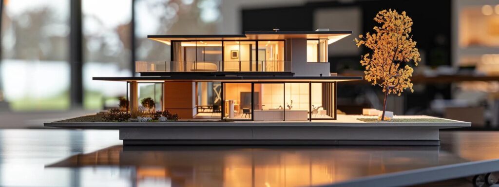 a sleek architectural model of a modern home sits prominently on a polished conference table in a contemporary office, illuminated by warm lighting that highlights the intricate design details and reflects the fusion of sustainability and innovation in homebuilding.