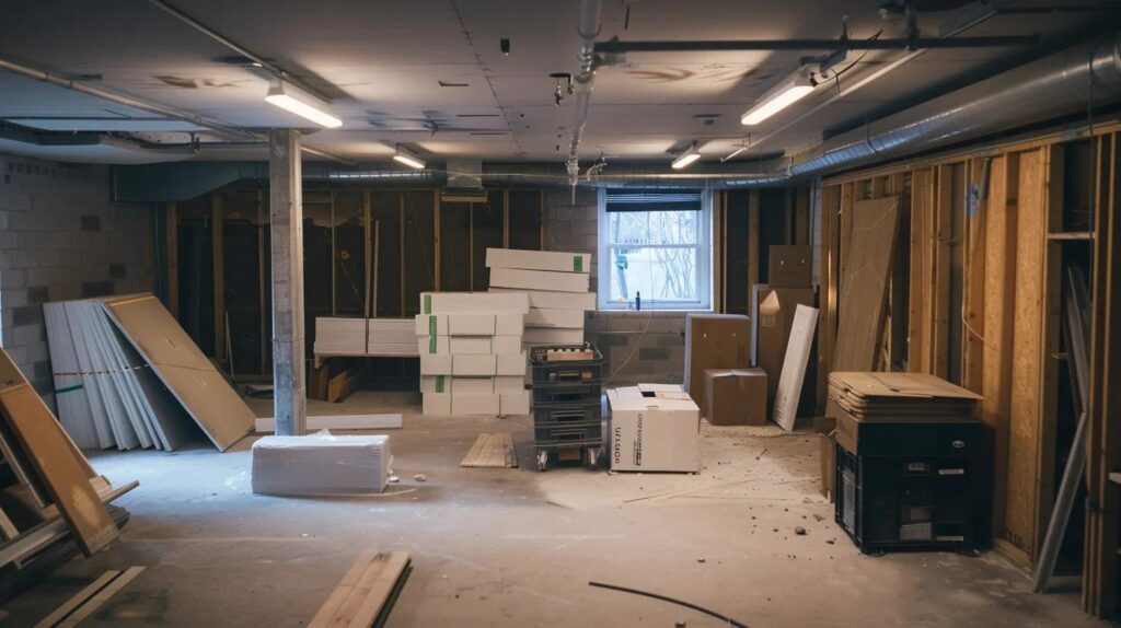 Understand the Costs of Your Basement Finishing Project 4 a sleek, modern basement renovation in progress showcases various high-end construction materials stacked neatly, illuminated by bright overhead lights, emphasizing the hidden costs associated with finishing projects.