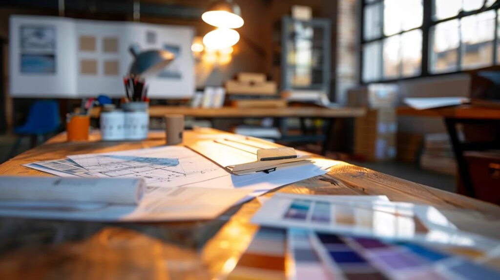 a sleek, modern basement renovation layout in an urban setting, showcasing precise measurements, color swatches, and design plans spread out on a polished table, illuminated by bright overhead lighting that emphasizes the organized and creative atmosphere of the budgeting process.