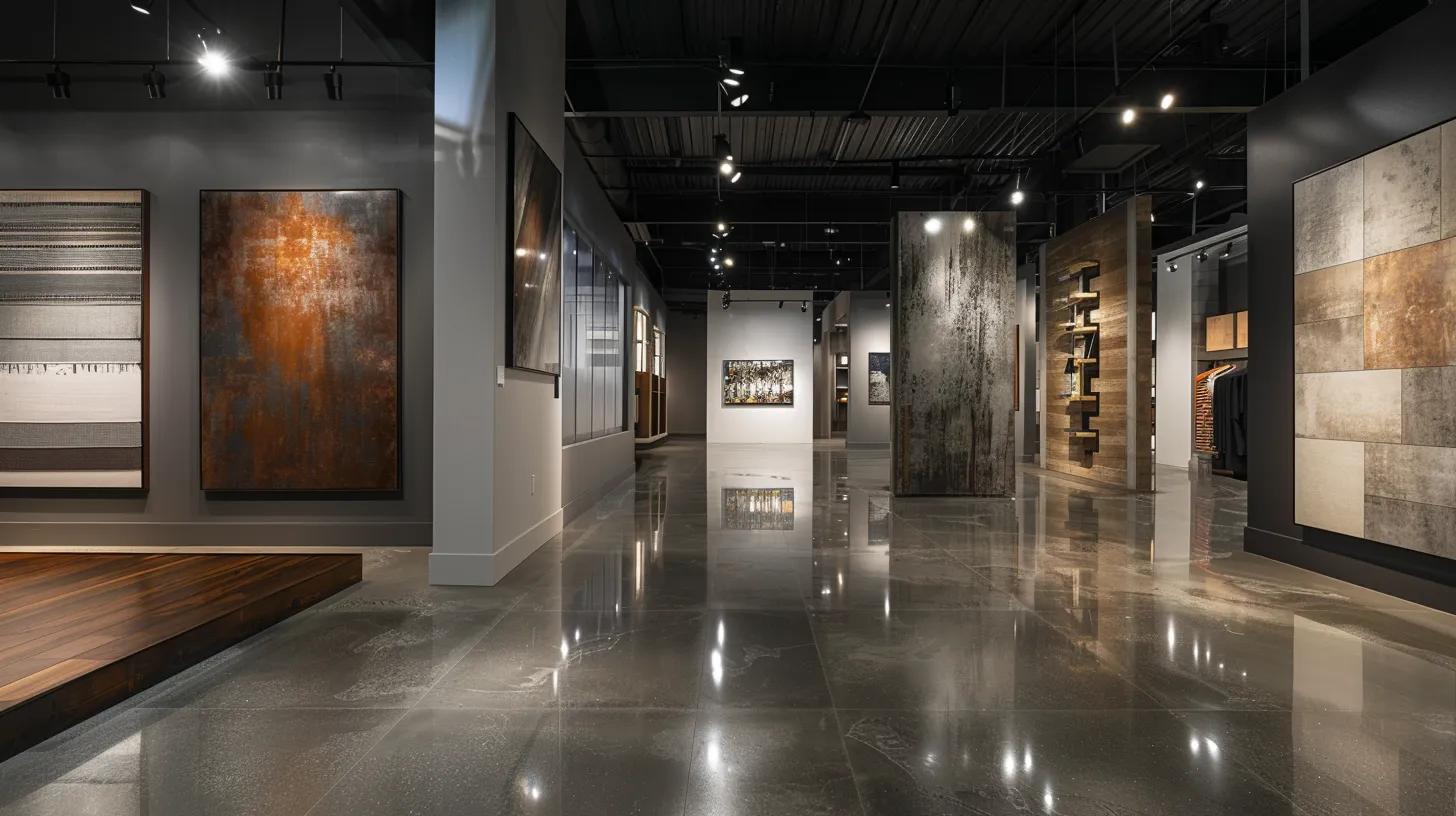 a sleek, modern basement showroom showcases contrasting chic designs for affordable and premium finishes, highlighted by dramatic lighting that accentuates their unique textures and colors.