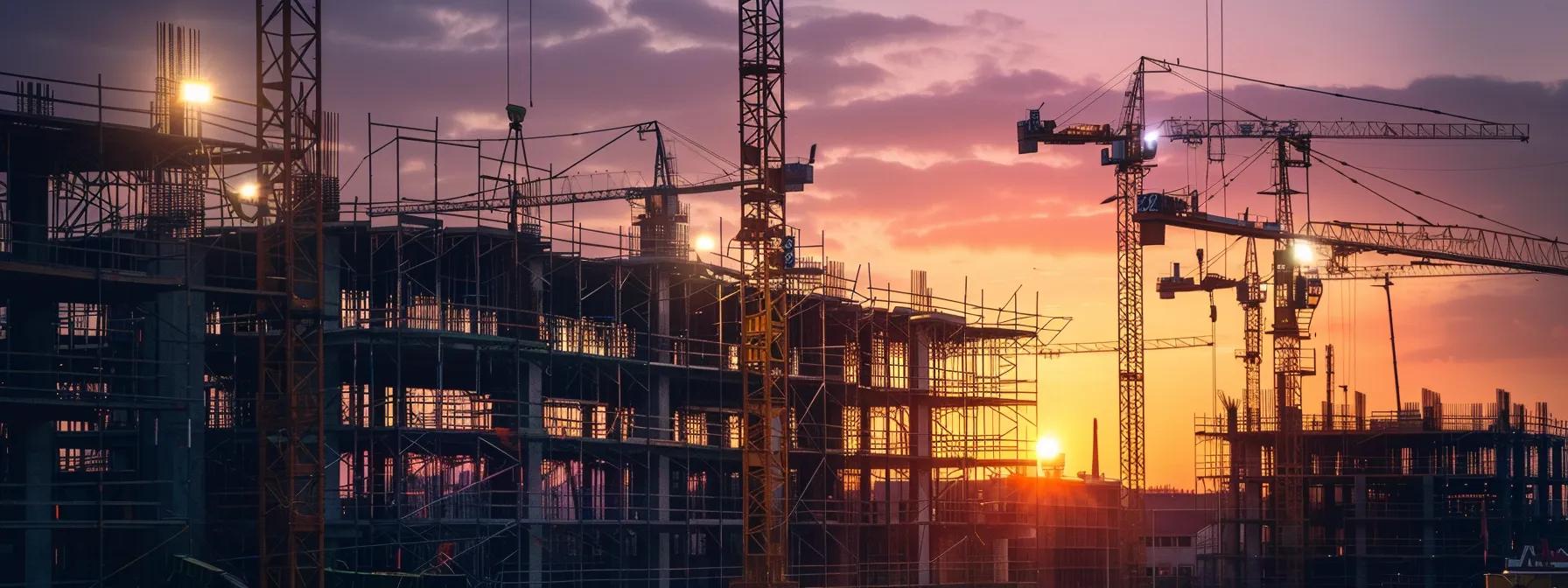 a sleek, modern construction site in des moines showcases innovative building techniques with scaffolding, cranes, and contemporary homes under construction, illuminated by bright overhead lights against a clear evening sky.