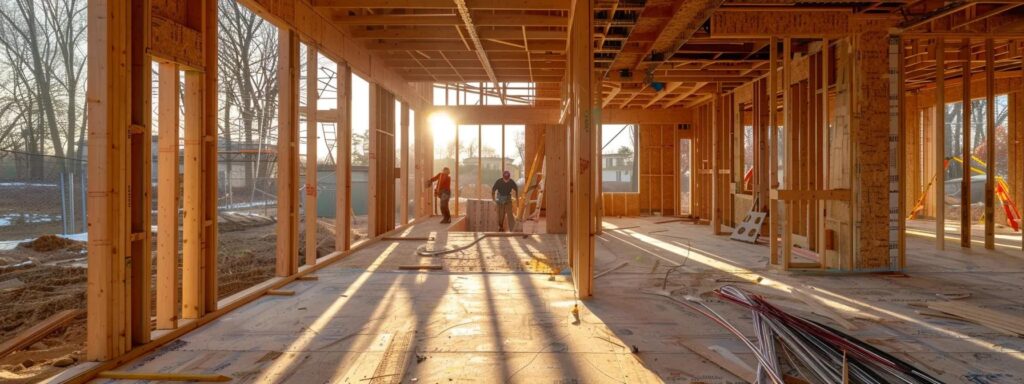 a sleek, modern home under construction in des moines showcases advanced framing and smart technology, featuring workers diligently examining blueprints and installing high-efficiency insulation in a well-lit, contemporary setting.
