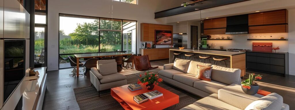 a sleek, modern living room in a des moines residence showcases advanced water conservation systems, featuring a stylish rainwater harvesting unit and low-flow plumbing fixtures, creating an innovative urban environment focused on sustainability and efficiency.