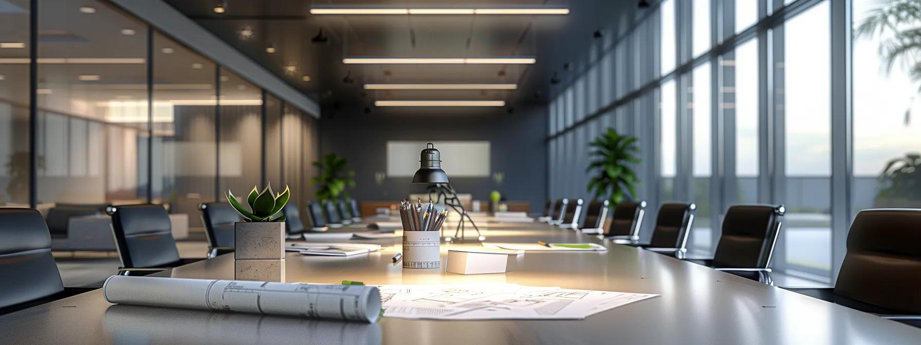 a sleek, modern office meeting room in des moines, featuring a large table with blueprints and 3d models of homes, illuminated by bright overhead lights, showcasing discussions on design decisions impacting home building costs.