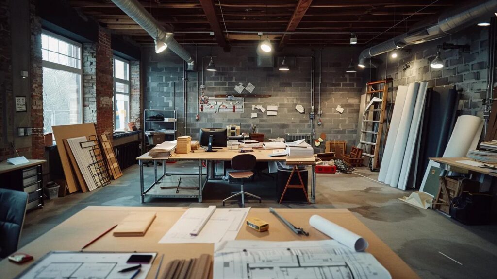 a sleek, modern office setting in des moines, showcasing a half-finished basement with construction materials, blueprints, and tools scattered around, emphasizing the complexities of basement finishing costs.