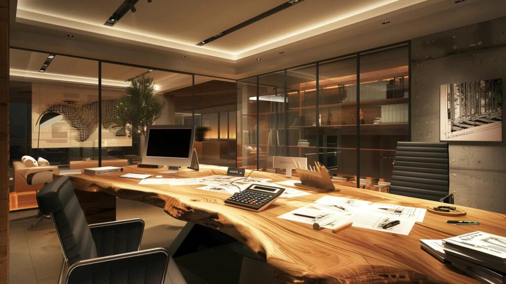 Understand the Costs of Your Basement Finishing Project 2 a sleek, modern office space features a large wooden desk strewn with architectural drawings and a calculator, illuminated by soft overhead lighting that emphasizes a strategic planning session focused on the hidden costs of basement finishing.