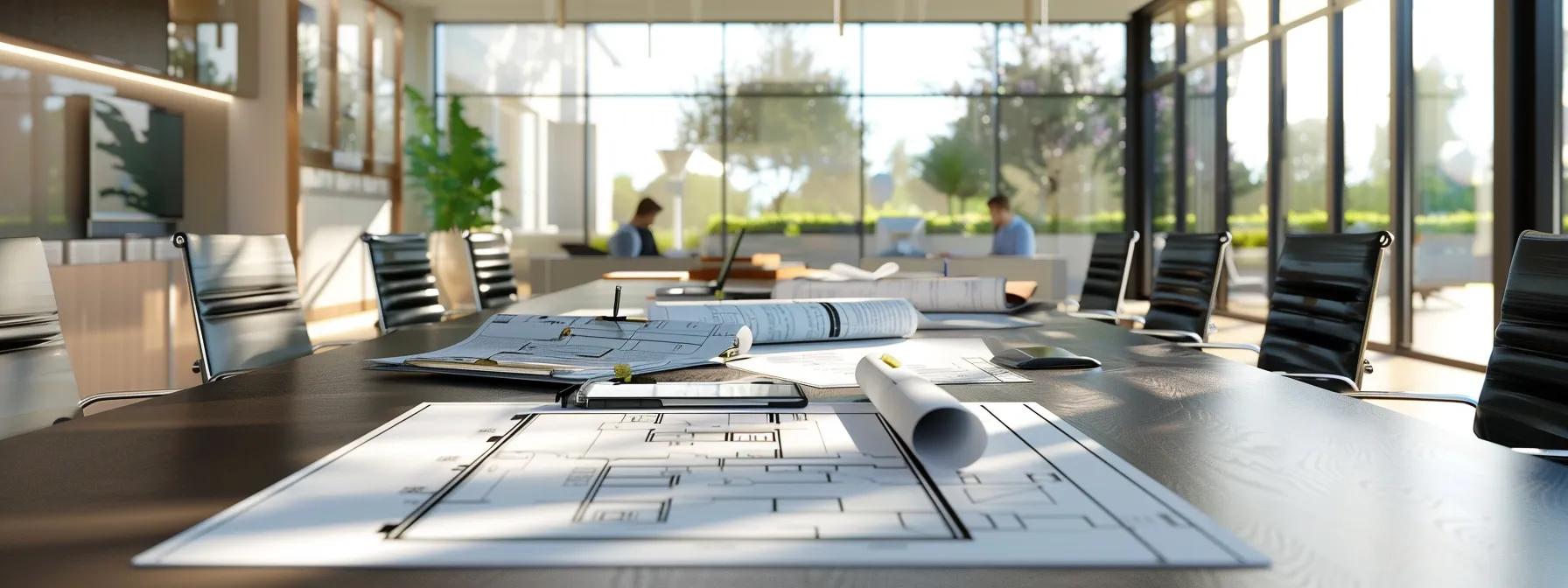 a sleek, modern office space showcases a collaborative meeting between innovative custom home builders and satisfied clients, emphasizing architectural blueprints and design plans spread across a polished conference table.