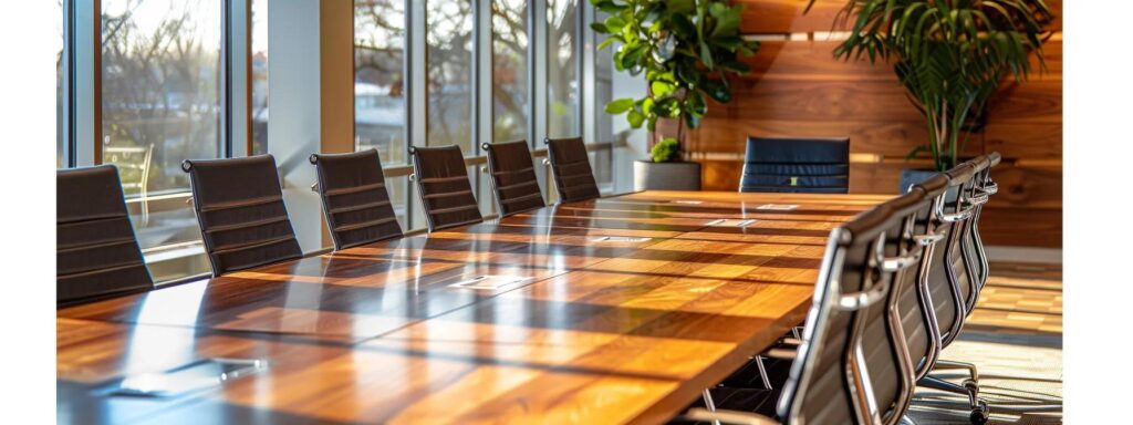 a sleek, modern office space showcases a well-crafted wooden deck model prominently displayed on a polished conference table, highlighting des moines decks' expertise in deck construction and personalized service.