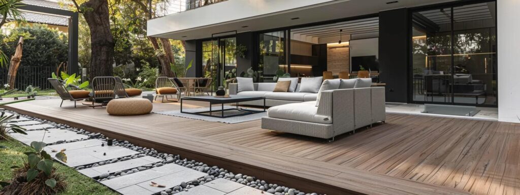 Disadvantages of Treated Lumber Compared to Composite Options 2 a sleek, modern outdoor patio featuring composite material decking and furniture, showcasing a stylish and low-maintenance lifestyle amidst a contemporary urban environment.