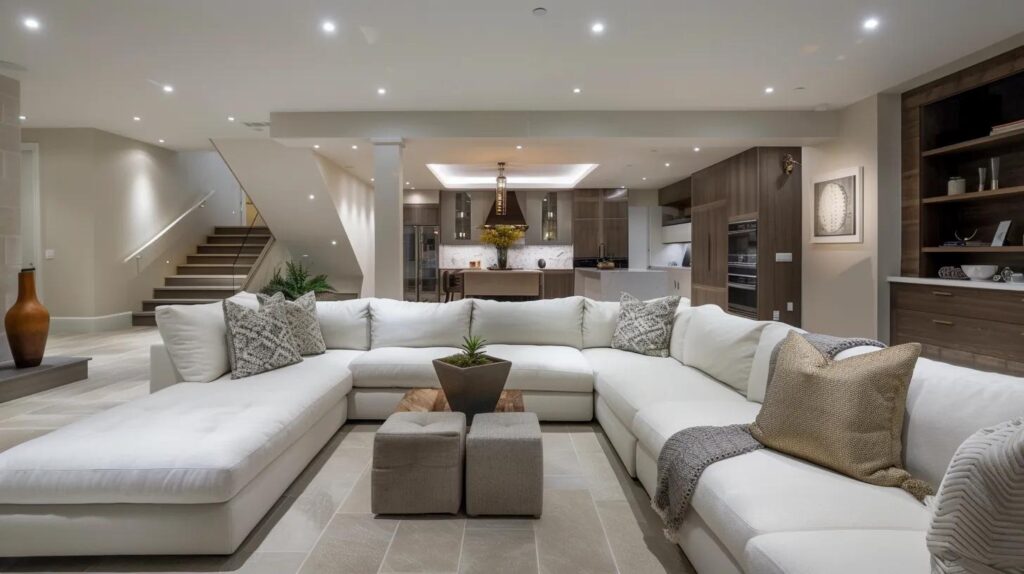 a sophisticated underground basement transformation showcases modern design elements with elegant furnishings and ambient lighting, emphasizing the potential luxury of finished spaces in an urban setting.