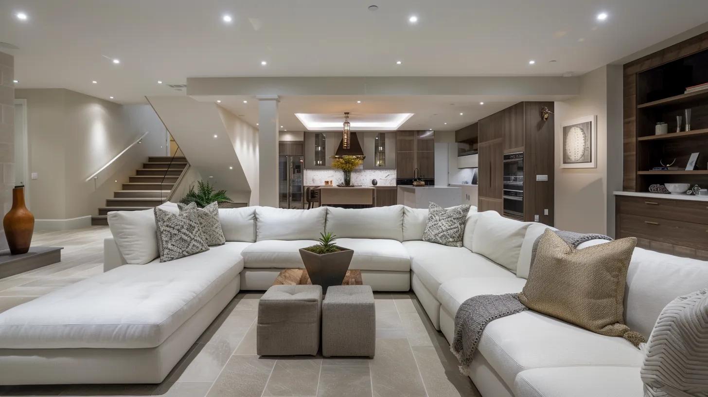 a sophisticated underground basement transformation showcases modern design elements with elegant furnishings and ambient lighting, emphasizing the potential luxury of finished spaces in an urban setting.