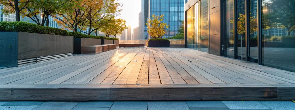 Disadvantages of Treated Lumber Compared to Composite Options 4 a stark contrast between a weathered treated lumber deck and a sleek, pristine composite material patio, set against a modern urban backdrop, highlights the durability and lifespan differences of these building materials.