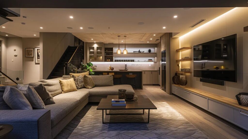 a stylish modern basement showcases a versatile living space with sleek furnishings, ambient lighting, and contemporary decor, embodying the latest design trends for functionality and comfort.