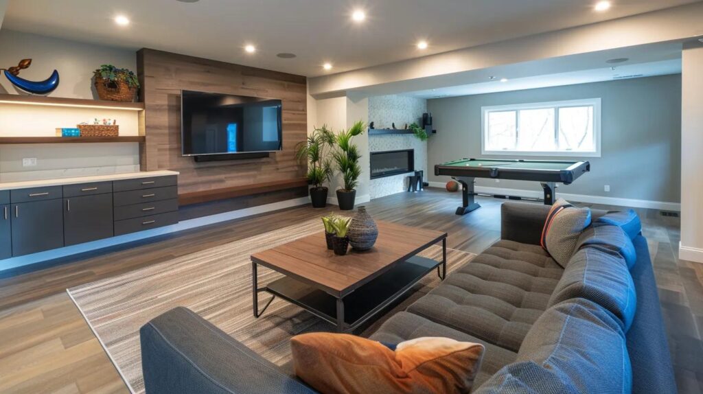 Brighten Your Living Space With Des Moines Basement Services 3 a stylish, open-concept basement design in des moines showcases sleek modern furnishings, integrated storage solutions, and creative lighting, creating a vibrant multifunctional space ideal for both entertainment and work.