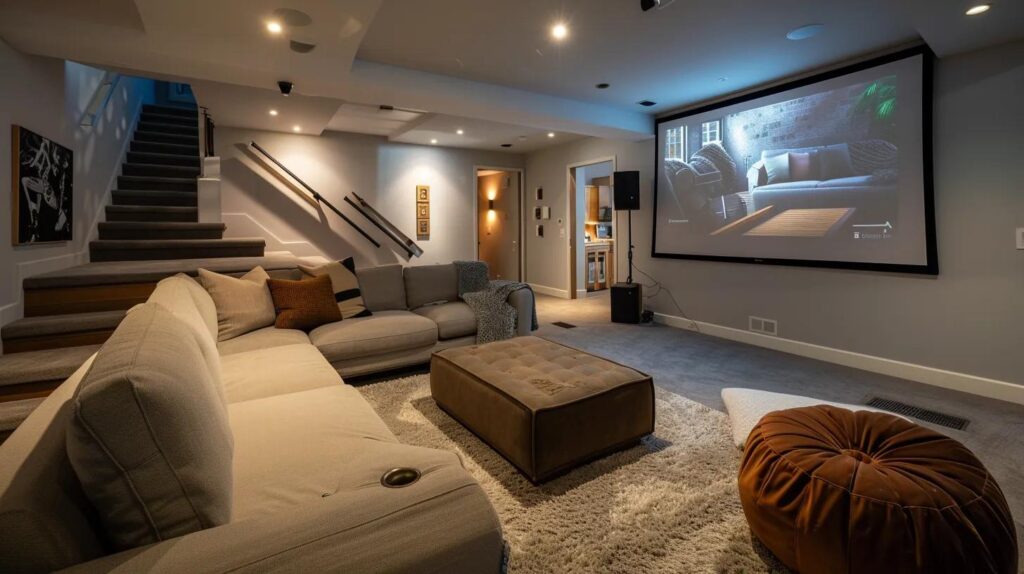 Local Basement Finishing Experts: Quality You Can Trust 3 a stylishly finished basement featuring modern furnishing, warm specialized lighting, and a cozy home cinema setup that reflects personalized design choices by local experts.