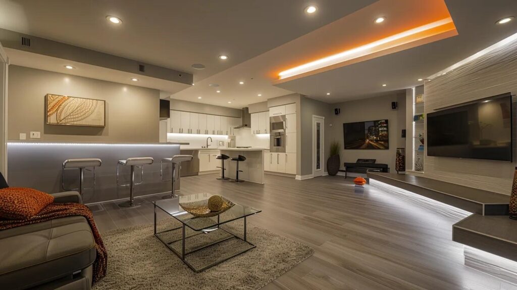 How to Interpret Your Basement Finishing Price Quote Clearly 4 a stylishly renovated basement showcasing a modern home theater, sleek bathroom, and inviting guest room, all accentuated by contemporary decor and ambient lighting, reflecting the latest finishing trends.