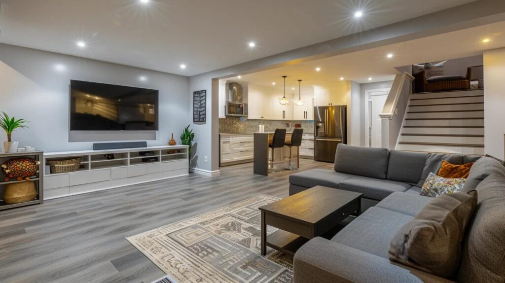 a stylishly renovated basement featuring modern furnishings, bright lighting, and organized storage solutions, showcasing the potential of affordable basement finishing options.