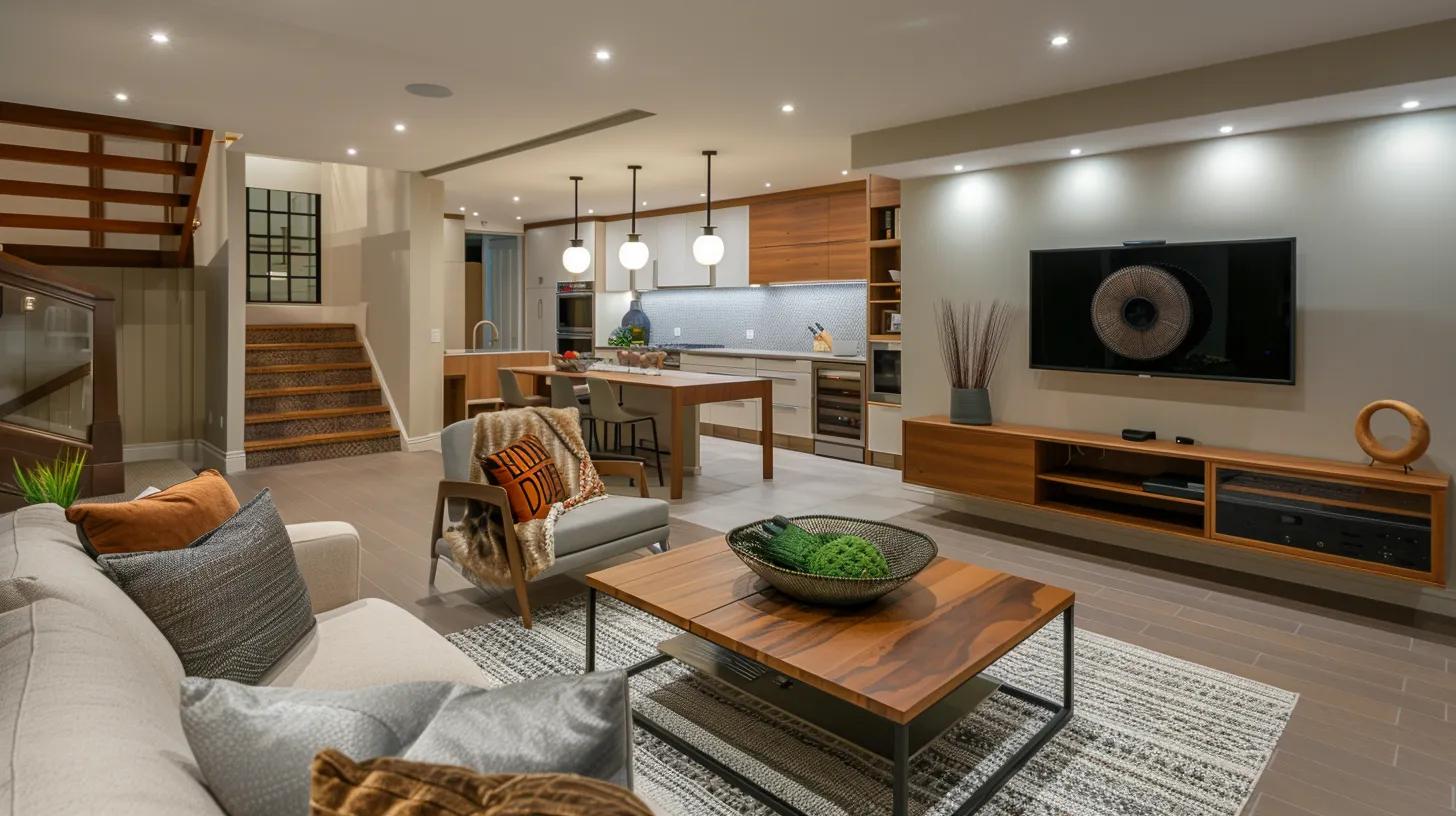a stylishly renovated basement tailored for budget-conscious homeowners showcases modern furnishings, warm ambient lighting, and clever storage solutions, emphasizing both comfort and functionality.
