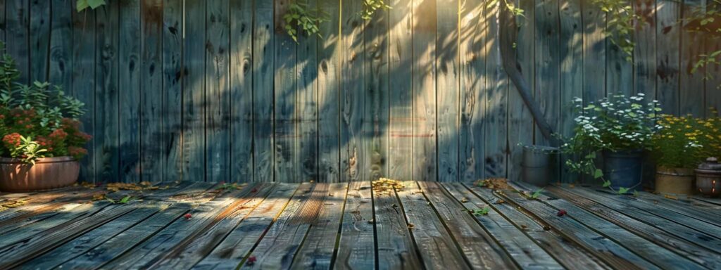 a weathered wooden deck in an urban backyard, featuring visible signs of wear such as splintering boards and faded stain, illuminated by soft, artificial lighting from nearby patio lights, emphasizes the urgent need for repair and safety awareness.