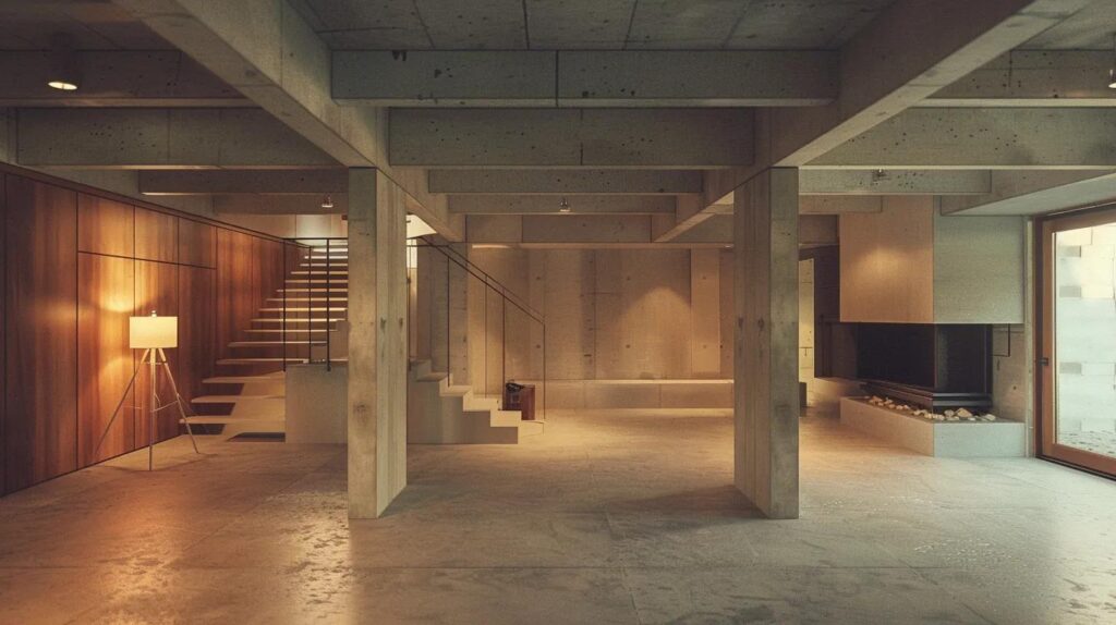 a well-lit, modern basement showcasing strong structural features like sturdy concrete walls, evenly spaced support beams, and a professional-grade moisture barrier, illustrating its readiness for finishing and renovation.