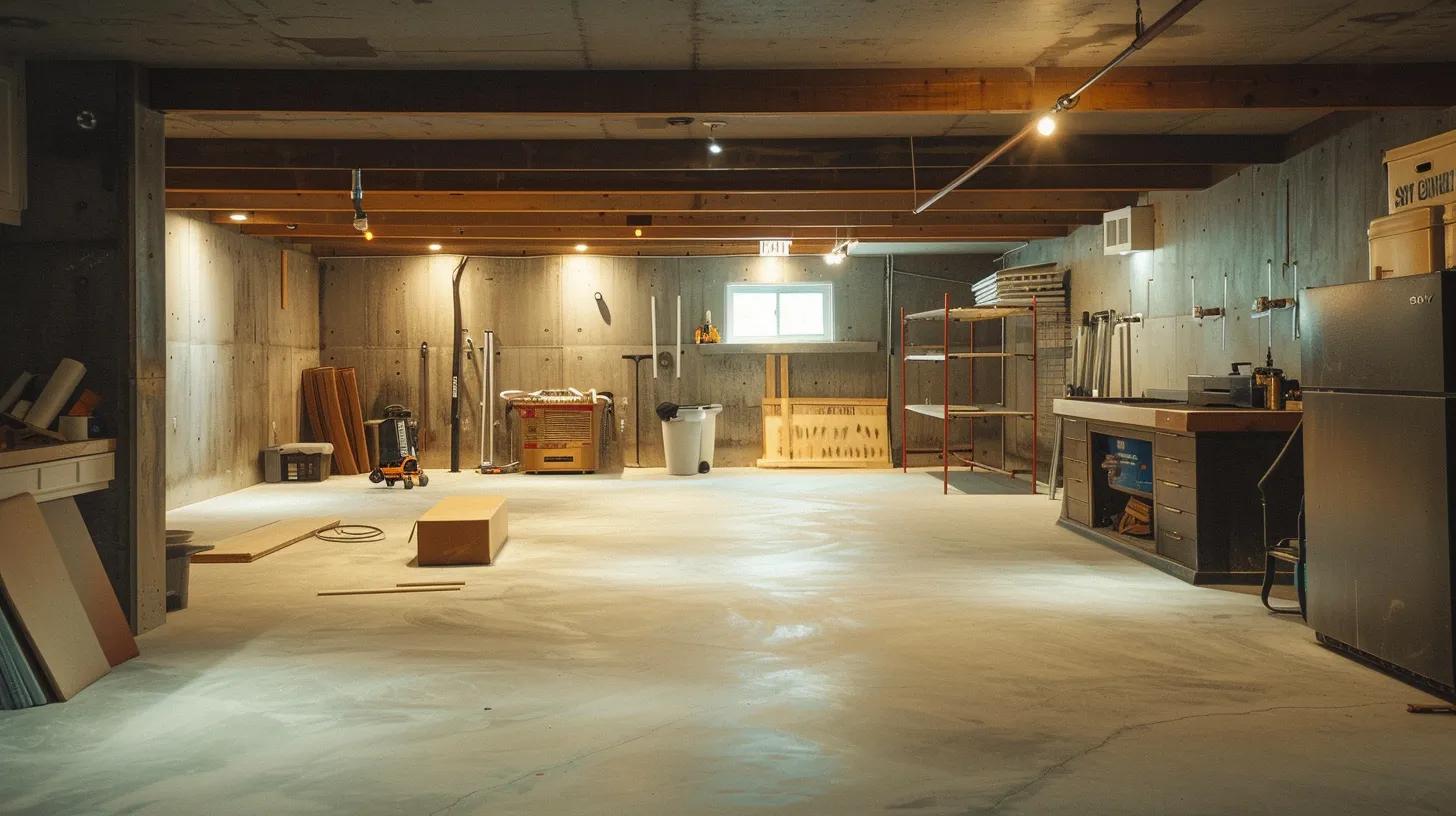 a well-lit, spacious basement showcasing smooth concrete walls, polished floors, and clearly marked signs of moisture issues, all set against a backdrop of organized tools and renovation plans, emphasizing the homeowner's guide to preparing for finishing.