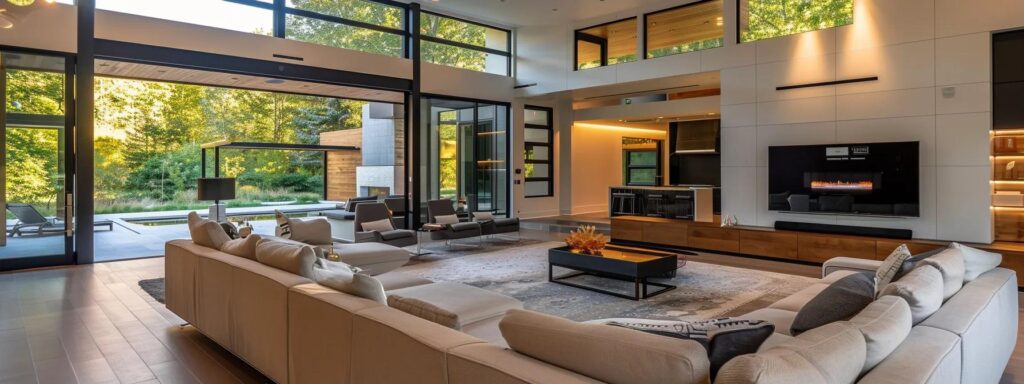 an ultra-modern des moines home showcases sleek smart technology integration, featuring a minimalist living area with interactive screens displaying real-time energy usage metrics and innovative building materials that embody sustainability.