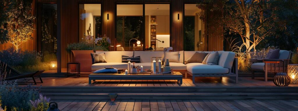 Seasonal Deck Care Checklist: Your Guide for Every Season 10 a detailed, modern outdoor deck area is illuminated by soft artificial lighting, showcasing well-organized seasonal maintenance tools and cleaning supplies arranged neatly on the deck, emphasizing care and perfection in deck upkeep.