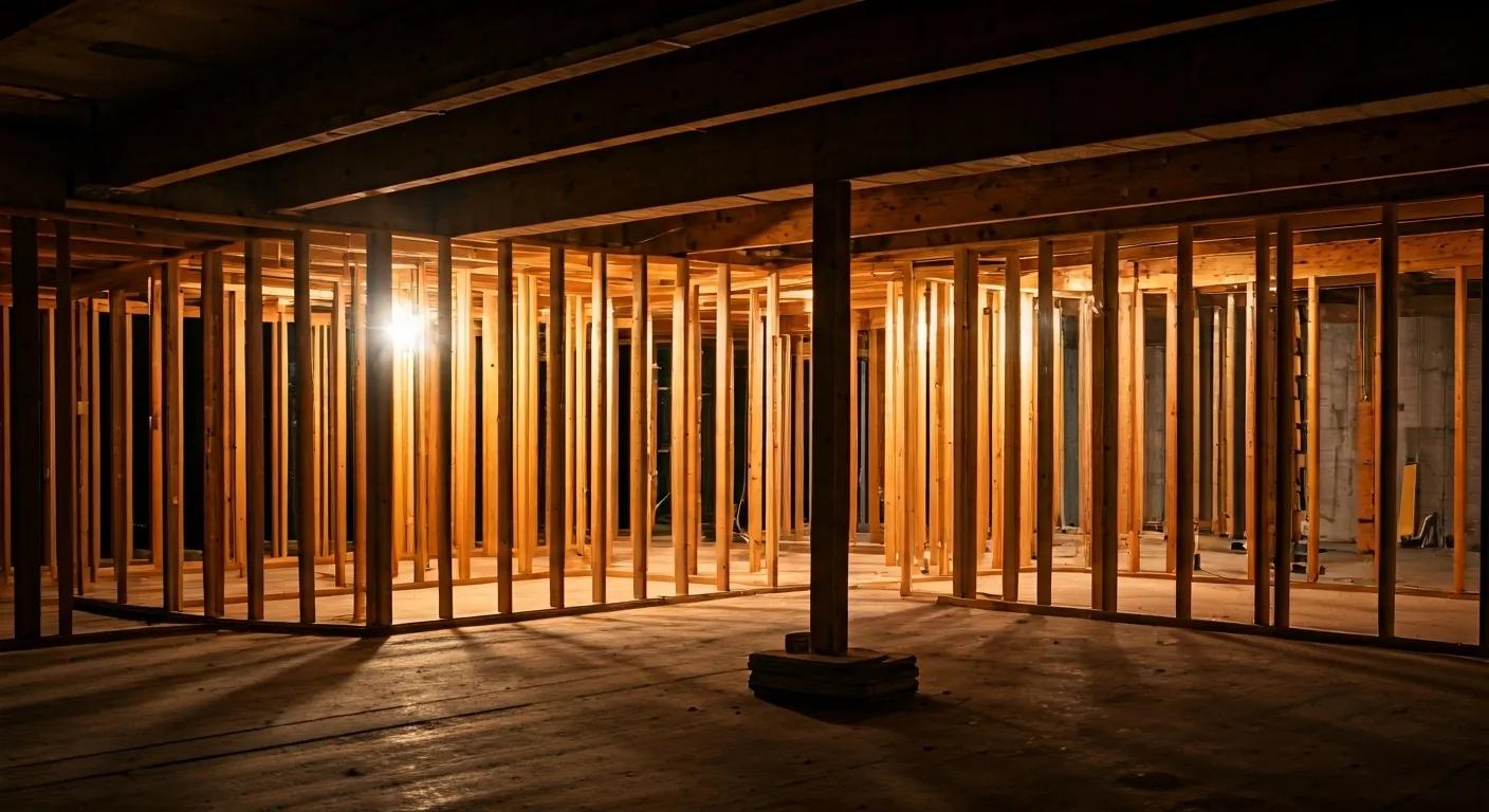 a sleek, modern basement under renovation, showcasing exposed beams and construction materials, illuminated by focused work lights, highlighting the complex layers of finishing and the hidden costs of the transformation.
