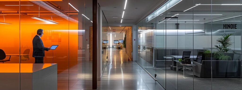 a sleek, modern office space features a confident contractor presenting a detailed deck construction estimate on a digital tablet, illuminated by warm indoor lighting that highlights the professionalism and trustworthiness of the service.