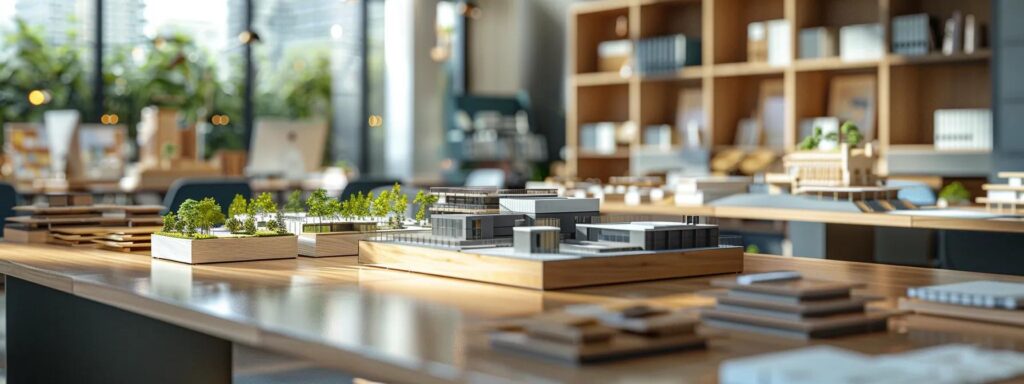 a contemporary urban office space is filled with architectural models of various deck types, such as sleek composite and elegant cedar designs, showcased on a polished conference table under bright, focused lighting.