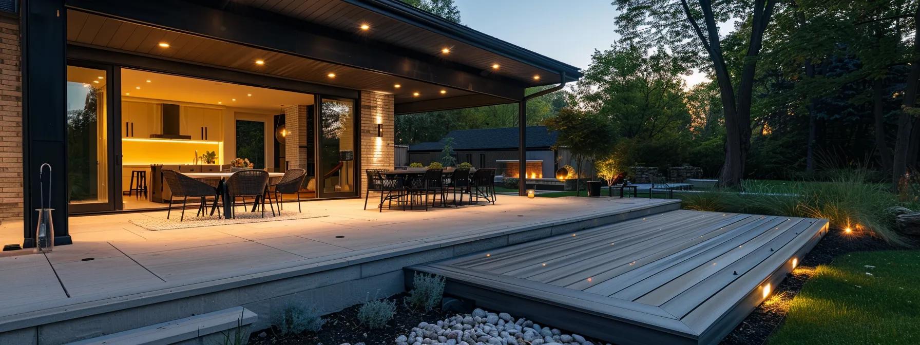 a modern iowa home showcases an inviting outdoor deck made of premium composite materials, exuding sophistication and durability under soft evening lighting.