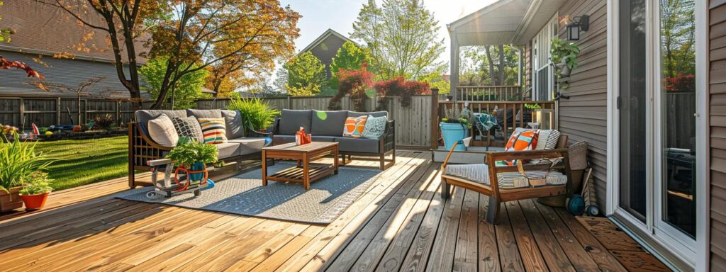 Seasonal Deck Care Checklist: Your Guide for Every Season 7 a well-organized and stylish des moines backyard deck, showcasing a meticulous process of deep cleaning and inspection, highlighted by vibrant outdoor tools and equipment, under the bright and inviting ambiance of a spring day.
