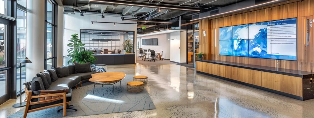 a sleek, modern office space showcases a large digital display with detailed diagrams and text highlighting deck permit requirements and building codes in des moines, emphasizing professionalism and regulatory clarity.