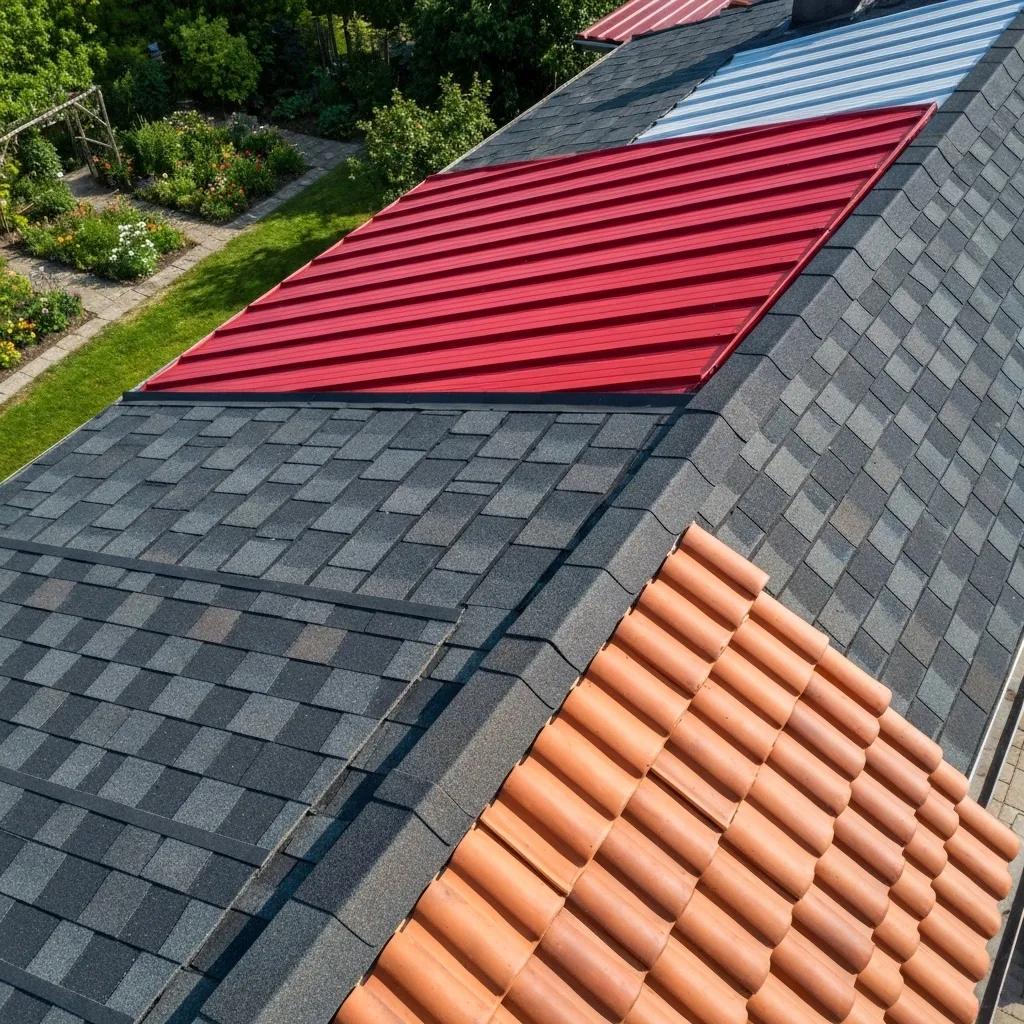 Comprehensive Building Materials Costs Comparison in Iowa 6 Different roofing materials including asphalt shingles, metal panels, and clay tiles on a rooftop