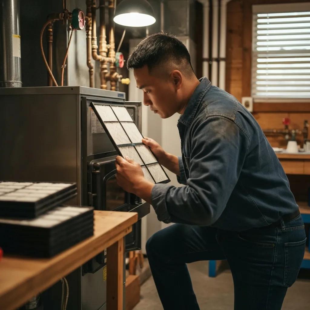 Essential Home Maintenance Checklist for Iowa Winters 6 Homeowner replacing air filter in furnace for winter HVAC maintenance