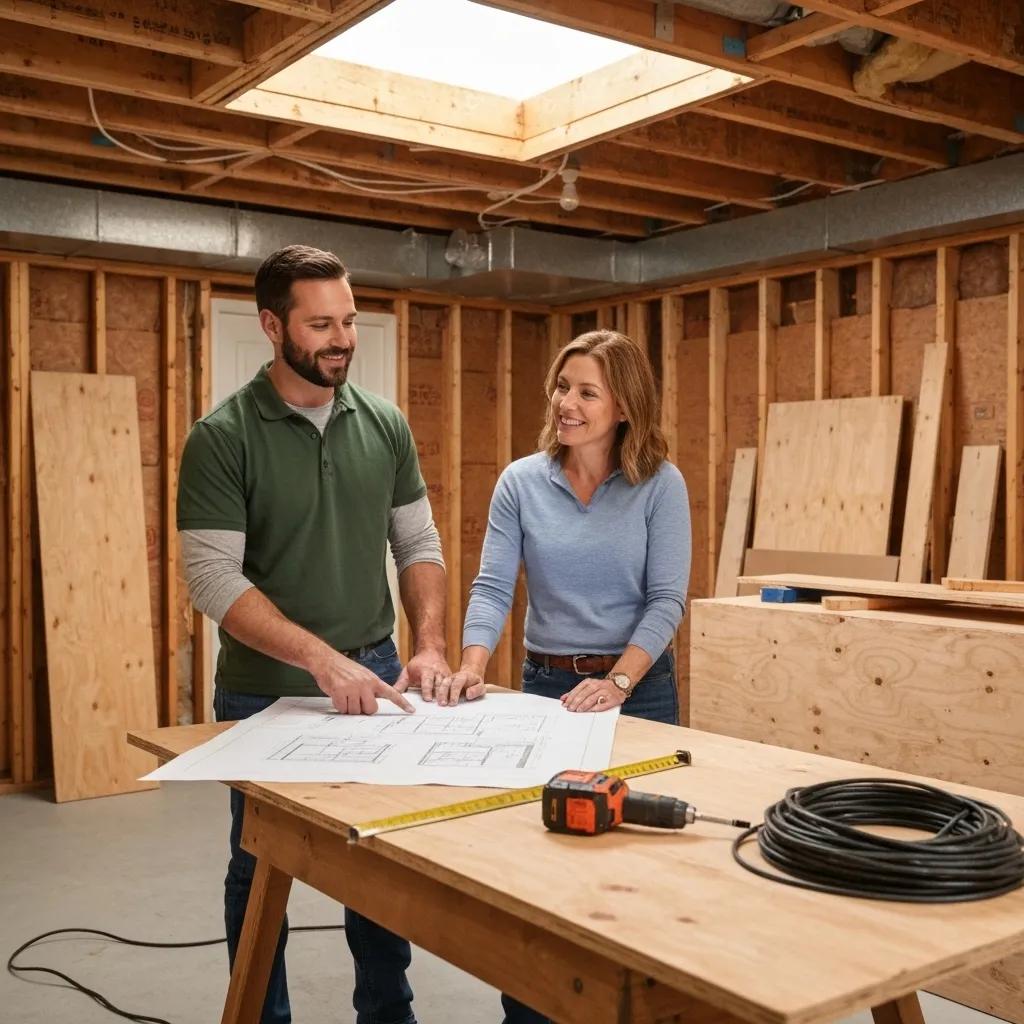 Why a Finished Basement Adds Value to Your Home 5 Contractor and homeowner discussing basement renovation plans to maximize ROI