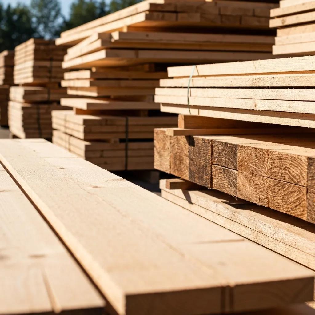 Comprehensive Building Materials Costs Comparison in Iowa 5 Variety of lumber types displayed at a lumber yard, highlighting different grades and species