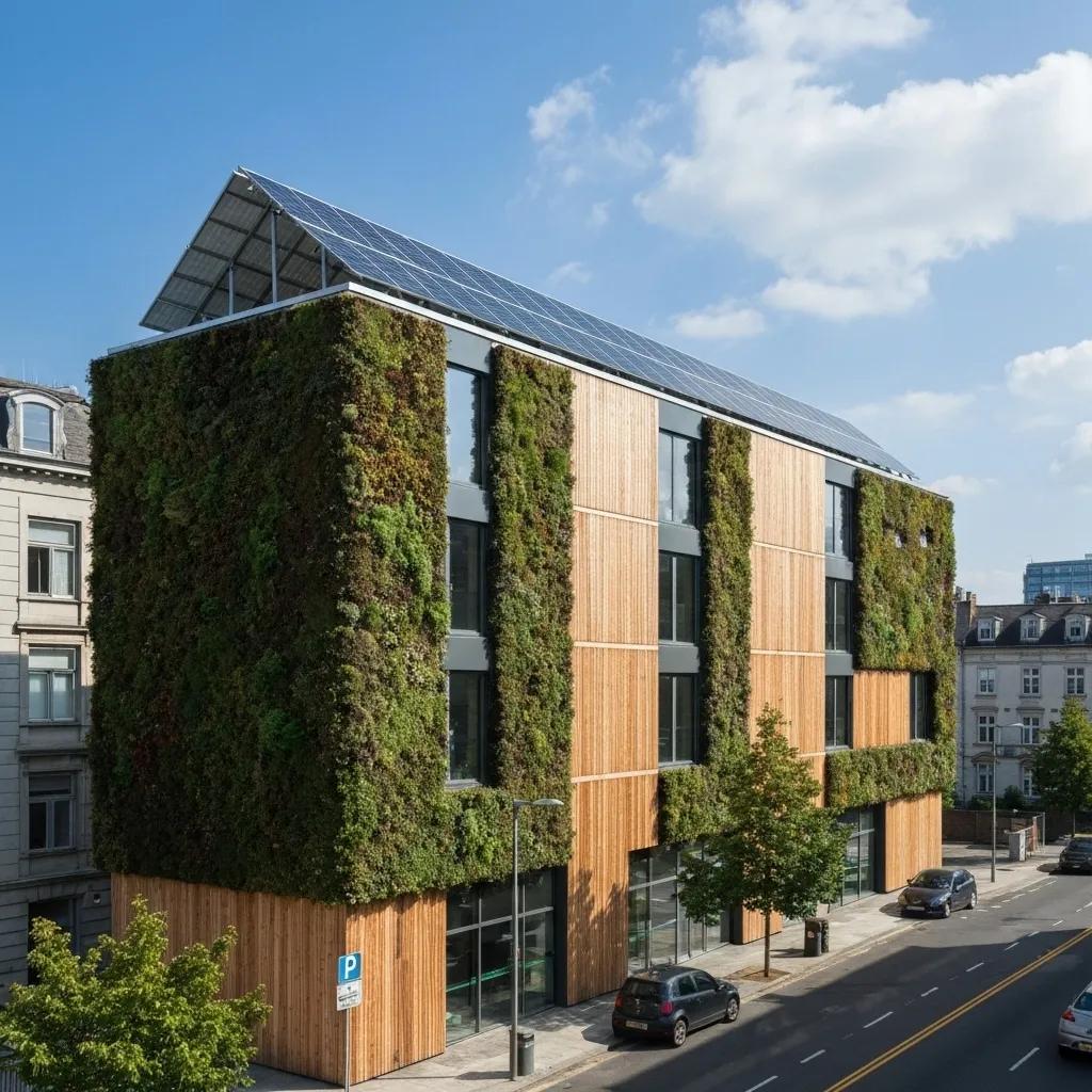Sustainable building materials including recycled content products and locally sourced timber in a natural environment