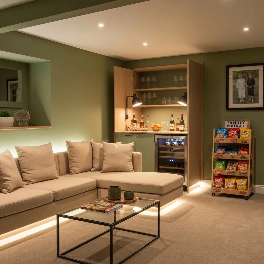 Why Family Entertainment Thrives in Finished Basements 6 Stylish family-friendly basement lounge with plush seating and mini bar